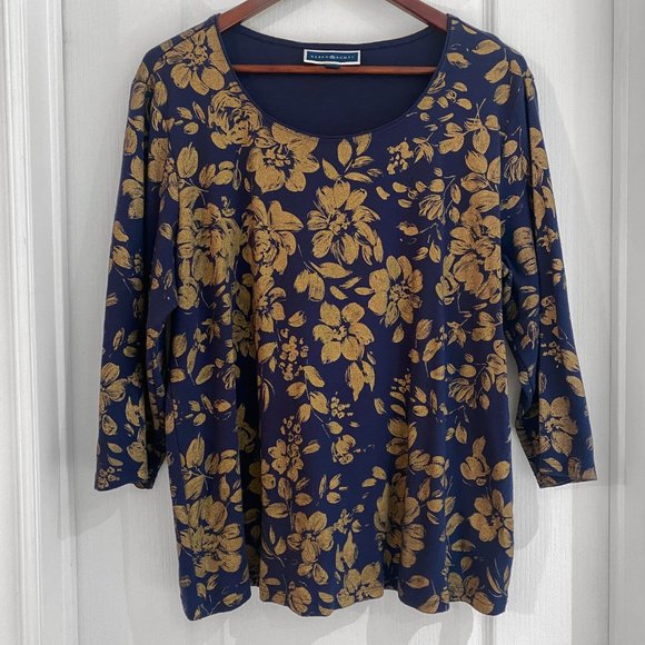 Karen Scott Tops - Karen Scott Navy Gold Floral Top 1X 3/4 Sleeve Blouse Plus Size Stretch Top